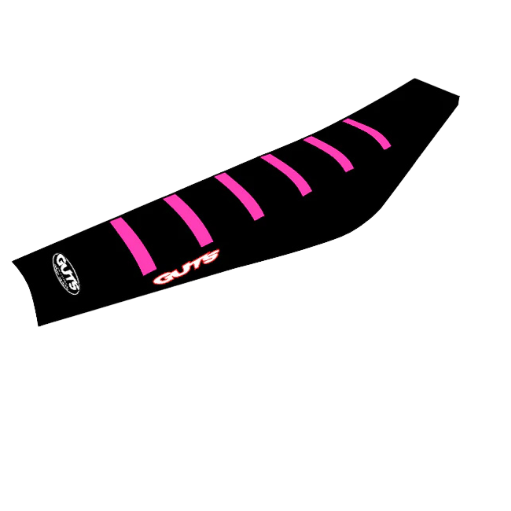 Guts Racing Seat Cover in black with pink ribs and GUTS logo on rear and side