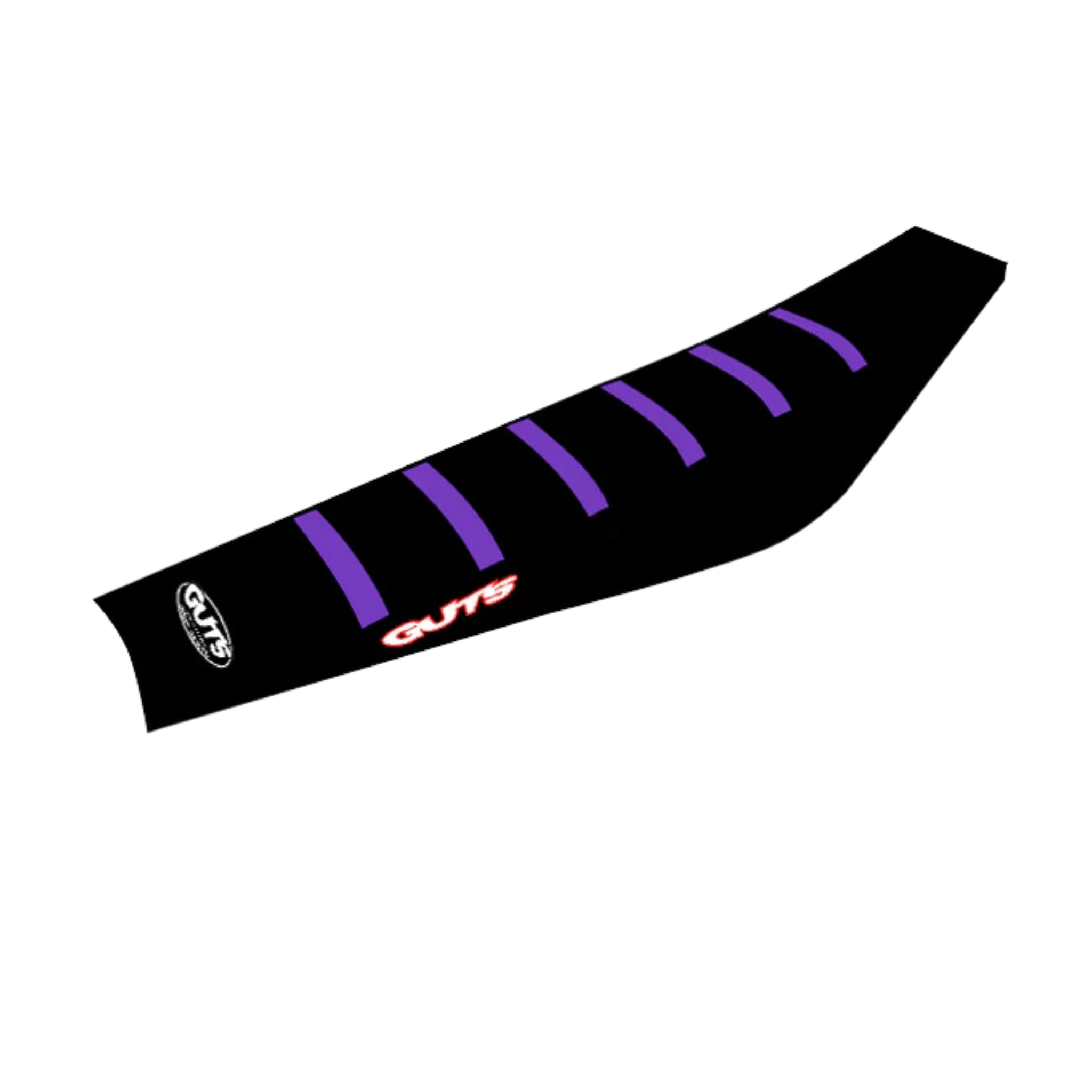 Guts Racing Seat cover in black with purple ribs with GUTS logo on rear and side