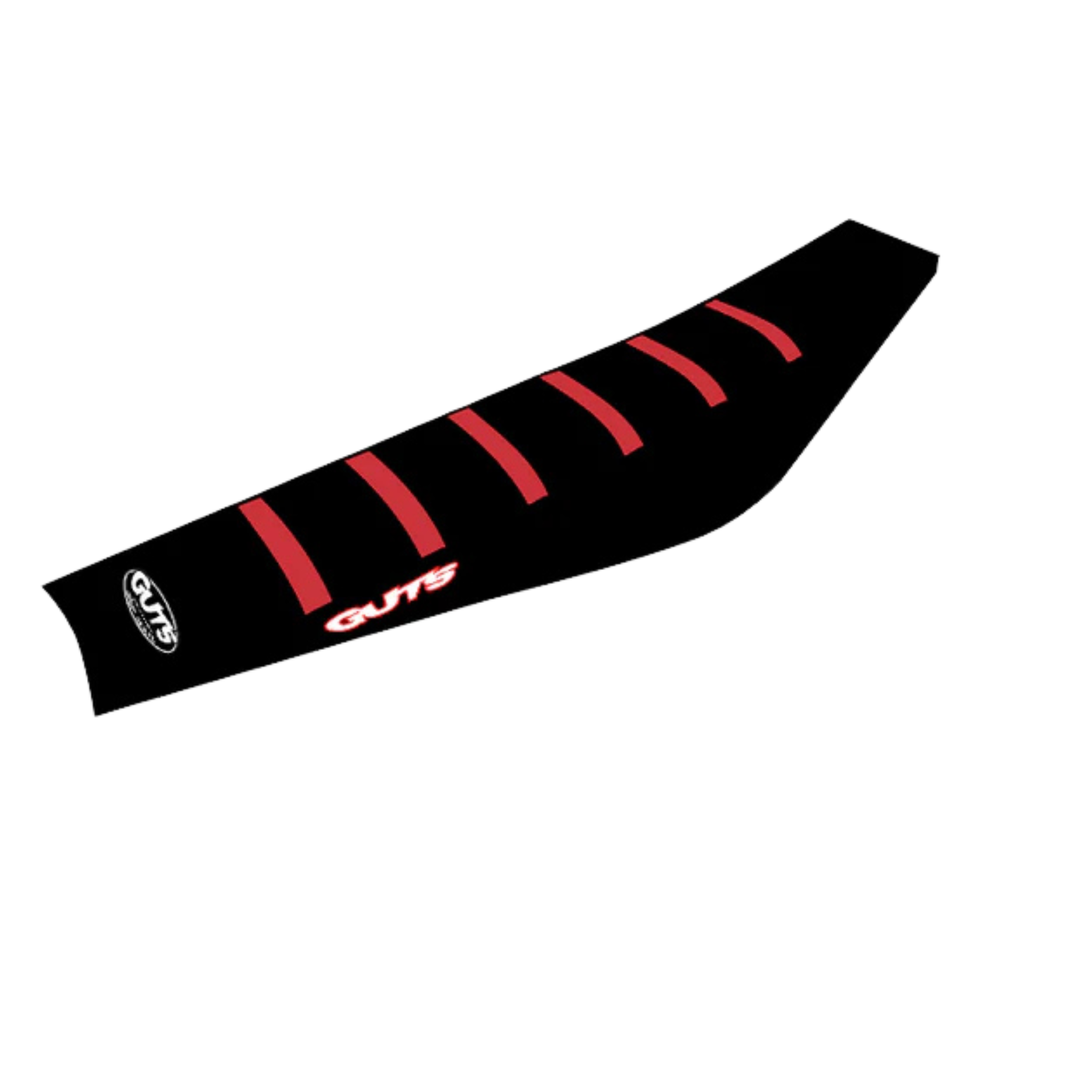 Guts Racing Seat Cover in black with red ribs and GUTS logo on rear and side of seat
